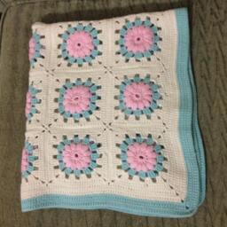 Crochet Afghan Blanket, Pink, Green, & White, Baby Blanket - thumbnail 3