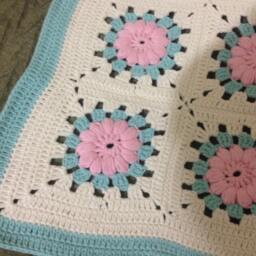 Crochet Afghan Blanket, Pink, Green, & White, Baby Blanket - thumbnail 2