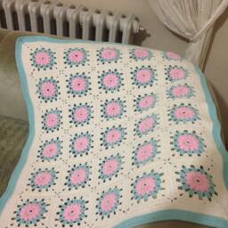 Crochet Afghan Blanket, Pink, Green, & White, Baby Blanket - thumbnail 4