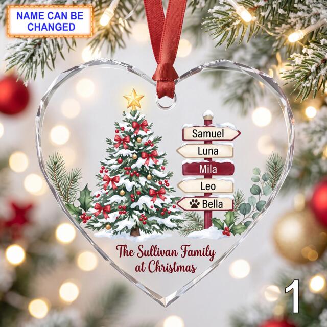 Custom Christmas Glass Ornament, Holiday Tree Keepsake With Decorated Evergreen, Family Name Signs, Snowy Window & Red Berries - image 1