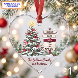 Custom Christmas Glass Ornament, Holiday Tree Keepsake With Decorated Evergreen, Family Name Signs, Snowy Window & Red Berries - thumbnail 1