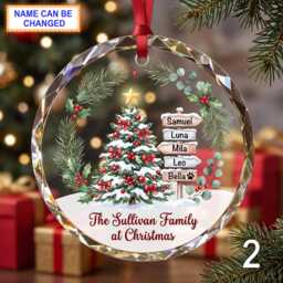 Custom Christmas Glass Ornament, Holiday Tree Keepsake With Decorated Evergreen, Family Name Signs, Snowy Window & Red Berries - thumbnail 2