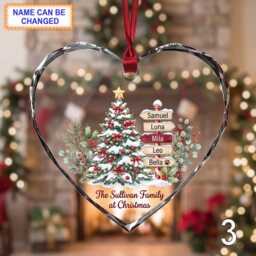 Custom Christmas Glass Ornament, Holiday Tree Keepsake With Decorated Evergreen, Family Name Signs, Snowy Window & Red Berries - thumbnail 3