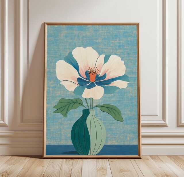 Teal Floral Vase Poster, Minimalist Botanical Wall Art Print - image 1