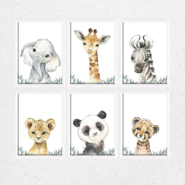 Choose Your Own Safari Animal Elephant Giraffe Zebra Lion Boys Girls A4 Or A3 Nursery Set Of Unframed Prints Green Foliage Leaves - image 1