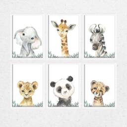 Choose Your Own Safari Animal Elephant Giraffe Zebra Lion Boys Girls A4 Or A3 Nursery Set Of Unframed Prints Green Foliage Leaves - thumbnail 1