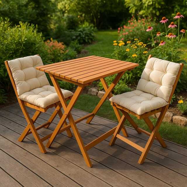 Foldable Wooden Garden & Picnic Table With Chairs Cushions, Folding Balcony Table, Outdoor - image 1