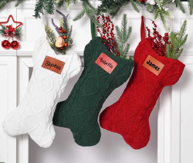 Personalized Knitted Christmas Stocking Embroidered Dog Bone Design - image 1