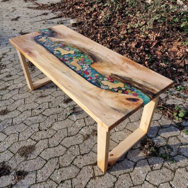 "Custom Order, Rectangular Coffee Table, Dachshund Floral Design, Epoxy Resin River Made Of Linden Wood ""Sold" - image 1