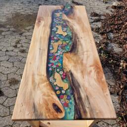 "Custom Order, Rectangular Coffee Table, Dachshund Floral Design, Epoxy Resin River Made Of Linden Wood ""Sold" - thumbnail 2
