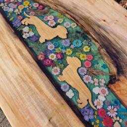 "Custom Order, Rectangular Coffee Table, Dachshund Floral Design, Epoxy Resin River Made Of Linden Wood ""Sold" - thumbnail 3