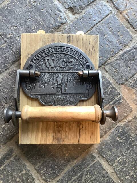 Antique Iron Toilet Roll Holder Fancy Cast & Wood Mounted - Covent Garden Wc2