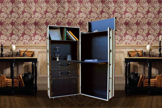 Vintage Style Steamer Trunk Desk - Dark Blue Home Office Cabinet - image 1