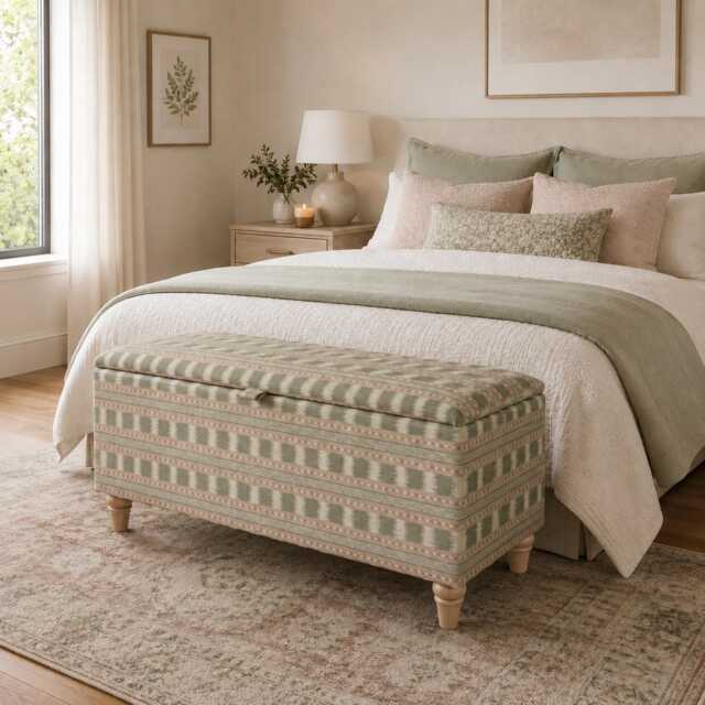 Handmade Upholstered Storage Bench, Paxton Green/Pink Fabric, Wooden Legs - image 1
