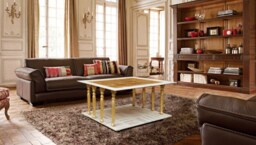 Handmade Coffee Table With Storage Shelf - Gold Unique Wooden Furniture On Wheels _ Washington - thumbnail 1