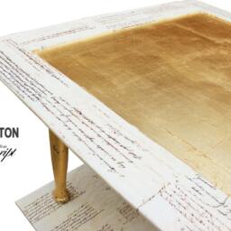 Handmade Coffee Table With Storage Shelf - Gold Unique Wooden Furniture On Wheels _ Washington - thumbnail 2