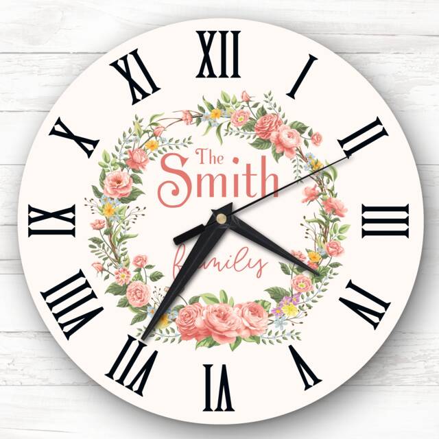 Floral Wreath Pale Pink Family Name Personalised Gift Clock - image 1