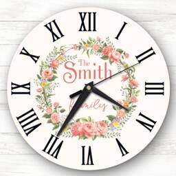 Floral Wreath Pale Pink Family Name Personalised Gift Clock
