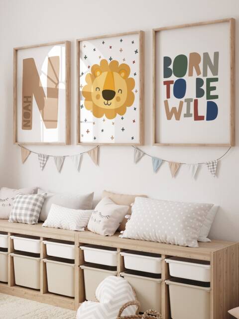 Set Of 3 Boys Bedroom Prints, Born To Be Wild, Lion Print, Personalised, Boys Nursery Wall Art, Playroom, Toddler Bedroom Decor, Jungle - image 1