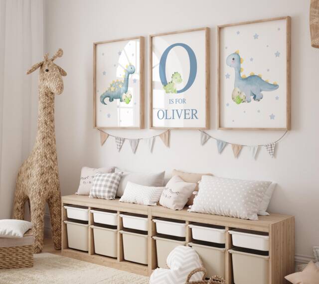Blue Dinosaur Personalised Prints, Set Of 3 Watercolour Boy Nursery Decor, Name Print, Dino Bedroom Art - image 1