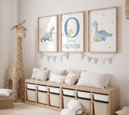Blue Dinosaur Personalised Prints, Set Of 3 Watercolour Boy Nursery Decor, Name Print, Dino Bedroom Art - thumbnail 1