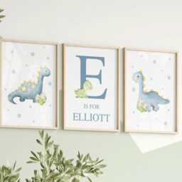 Blue Dinosaur Personalised Prints, Set Of 3 Watercolour Boy Nursery Decor, Name Print, Dino Bedroom Art - thumbnail 2