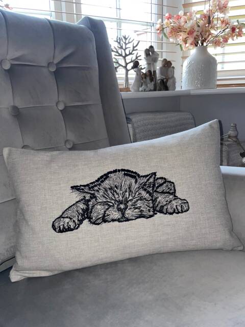 Sweet Dreams Kitten Embroidered Cat Cushion Cover, Pillow Cover For Bed - Sofa Chair Grey Black Countryside Home Gift 12 X 20 - image 1