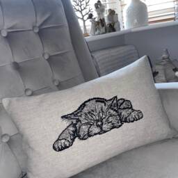 Sweet Dreams Kitten Embroidered Cat Cushion Cover, Pillow Cover For Bed - Sofa Chair Grey Black Countryside Home Gift 12 X 20 - thumbnail 3