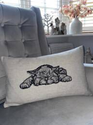 Sweet Dreams Kitten Embroidered Cat Cushion Cover, Pillow Cover For Bed - Sofa Chair Grey Black Countryside Home Gift 12 X 20 - thumbnail 1