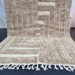 Artistic Moroccan Rug, Beni Ourain Shag Rug, Rectangular Tufted Fluffy Beige Custom Wool Berber Carpet, Area Rug - thumbnail 3