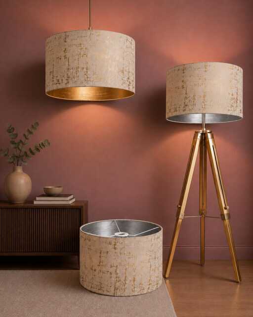 New Hq Handmade Golden Geometric Foil On Linen Look Cream Fabric Drum Shape Lamp Shade Pendant Light Suitable For All Fittings - image 1