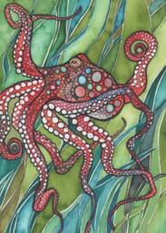 Red Octopus Watercolor Print Sea Of Green Kelp - thumbnail 1