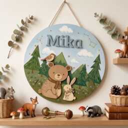Personalized Woodland Animal Name Sign, Custom Wooden Nursery Forest Baby Room Decor, Bear Bunny Wall Art - thumbnail 1