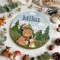 Personalized Woodland Animal Name Sign, Custom Wooden Nursery Forest Baby Room Decor, Bear Bunny Wall Art - thumbnail 3