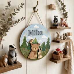 Personalized Woodland Animal Name Sign, Custom Wooden Nursery Forest Baby Room Decor, Bear Bunny Wall Art - thumbnail 4