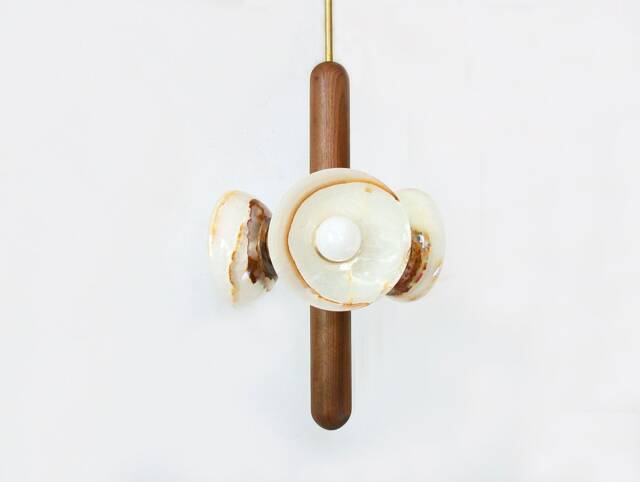 Triple Onyx Marble & Walnut Pendant Light Unique Bathroom Kitchen Island Entry Chandelier Foyer - image 1
