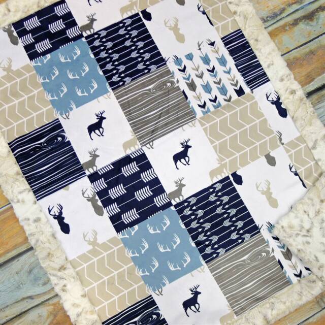 Woodland Minky Baby Blanket - Deer Faux Quilt Arrows Antlers - image 1