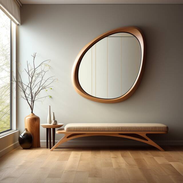 Asymmetrical Wooden Wall Mirror With Organic Frame, Handmade For Living Room Decoration - image 1