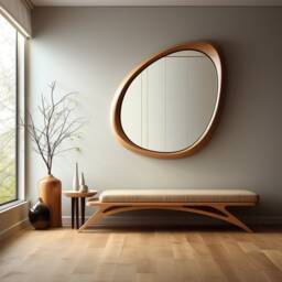 Asymmetrical Wooden Wall Mirror With Organic Frame, Handmade For Living Room Decoration - thumbnail 1