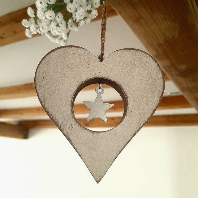 White Wooden Hanging Heart Decoration With Metal Star - The Home & Hearts Shop Rustic Wall Decor Shabby Wedding Gift Christmas - image 1