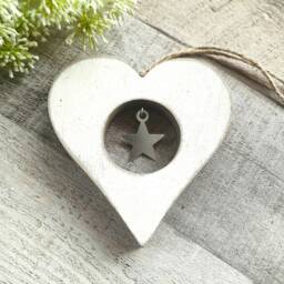 White Wooden Hanging Heart Decoration With Metal Star - The Home & Hearts Shop Rustic Wall Decor Shabby Wedding Gift Christmas - thumbnail 3