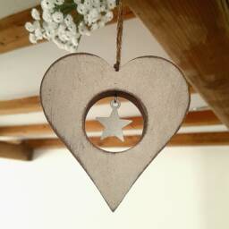 White Wooden Hanging Heart Decoration With Metal Star - The Home & Hearts Shop Rustic Wall Decor Shabby Wedding Gift Christmas - thumbnail 1