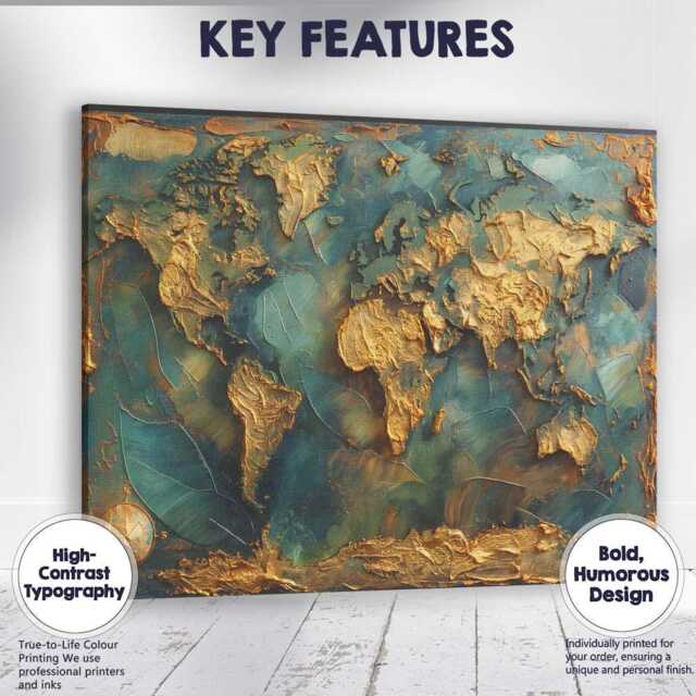 Abstract Textured Gold World Map Travel Canvas Wall Art Print Decor Picture Ready To Hang - image 1