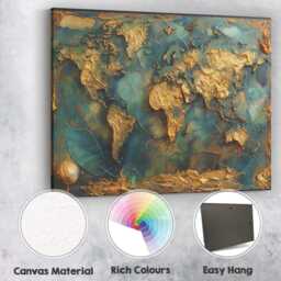 Abstract Textured Gold World Map Travel Canvas Wall Art Print Decor Picture Ready To Hang - thumbnail 2