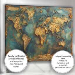 Abstract Textured Gold World Map Travel Canvas Wall Art Print Decor Picture Ready To Hang - thumbnail 3