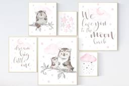 Owl Nursery Art Print Baby Girl Room Decor - thumbnail 1