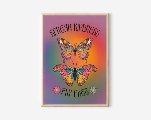 Spread Kindness Fly Free Print - Retro Butterfly, Groovy Floral, 1970S 1960S, Bright Bold, Hippie Gradient, Positive Affirmation Home Art - image 1