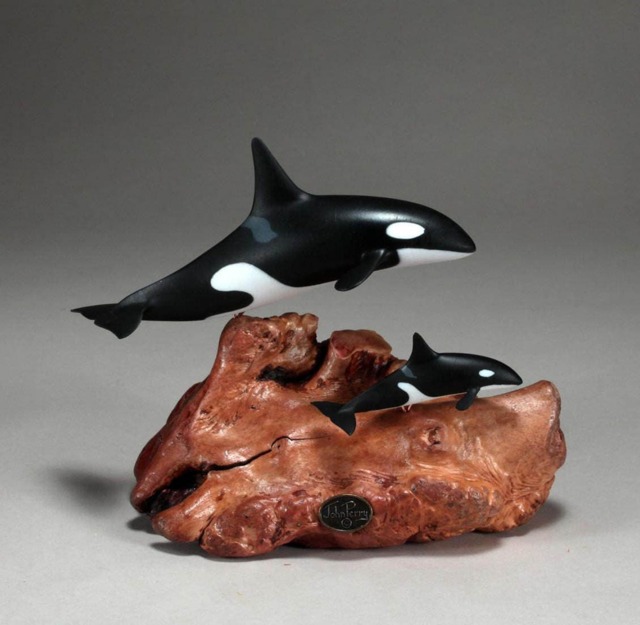 Orca Mother & Calf Sculpture By John Perry, 7 in Resin Figurine - image 1