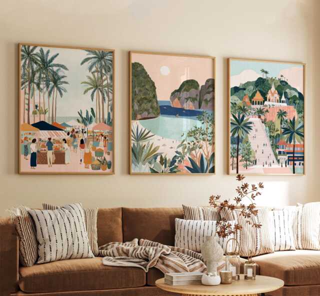 Krabi Thailand Poster Set Of 3, Vintage Inspired Tropical Landscape Wall Art, Neutral Asian Travel Prints - image 1