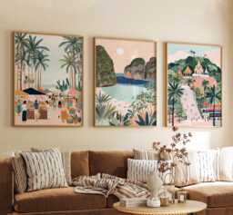 Krabi Thailand Poster Set Of 3, Vintage Inspired Tropical Landscape Wall Art, Neutral Asian Travel Prints - thumbnail 1